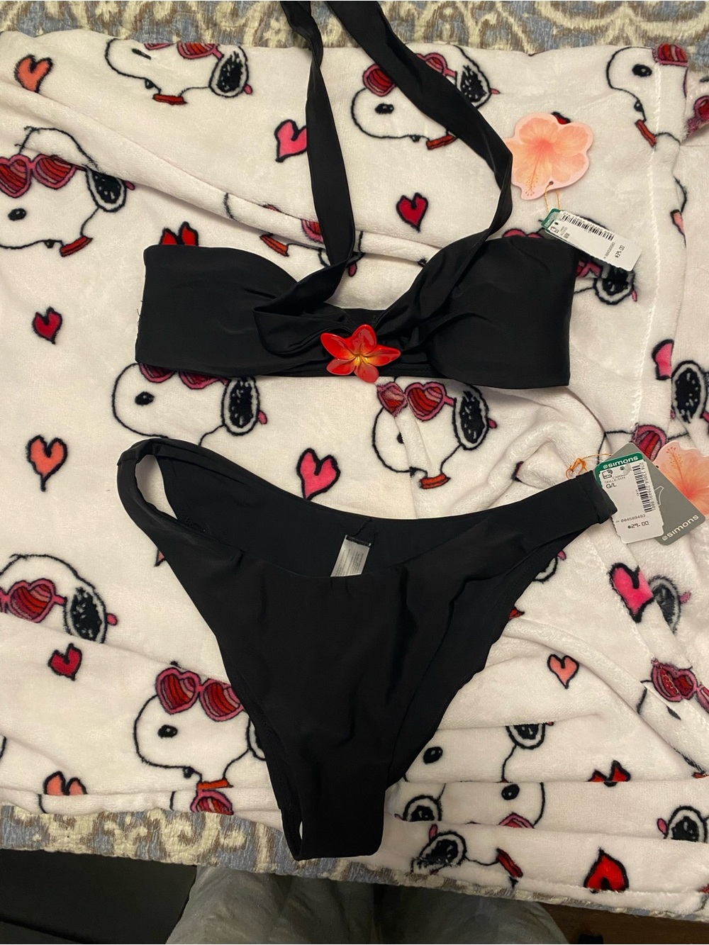 Simons Black Bandeau Halter Bikini Set with Floral Accent
